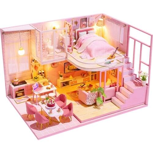 Doll House Furniture Wooden Miniature DIY Kit with Dust Cover Music Box Assemble Crafts Toy Best Birthday Gift For Children Girl
