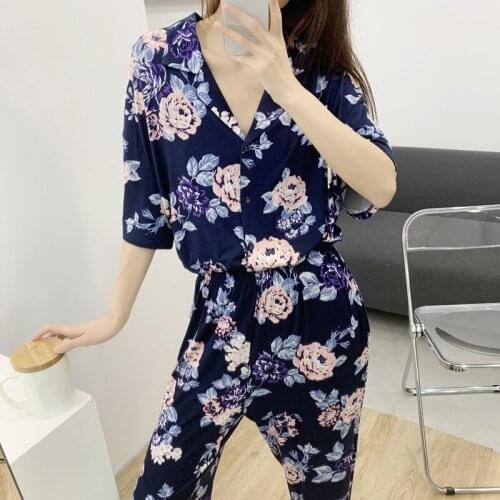 Summer Pajamas For Women Modal Cotton Comfortable Short-sleeved Long Trousers Loose Pajamas Set 2 Pieces Homewear Female Pijama