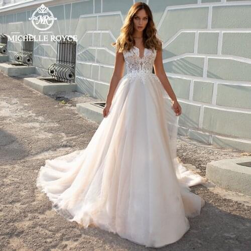 Michelle Royce A-Ling Wedding Dresses 2020 V-Neckline Appliques Sleeveless Backless Chapel Train Bridal Gowns Vestido De Noiva