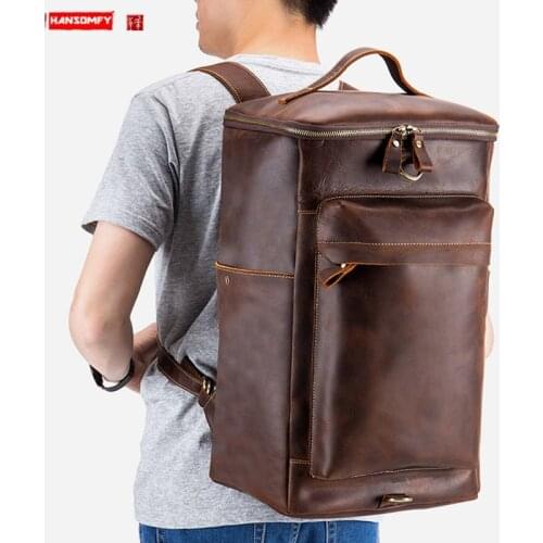 Mens Backpack Leather Casual Large-capacity Backpacks Travel Trendy Top Layer Leather Business Computer Bag