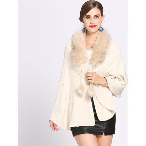 2018 New Fashion winter warm Poncho for women/ladies Thicken Pearl Soft Solid shawls and wraps Coat Fur Neckline Long Tassel