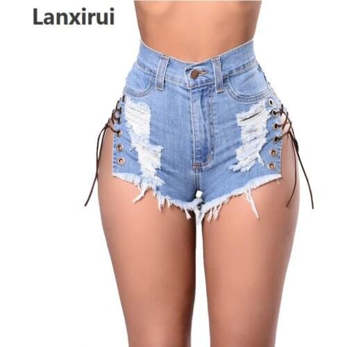 New Sexy Women Washed Denim Ripped Shorts Hottest Ladies Side Laced-up Mini Short Pants Tassel Details Bleached Denim Shorts