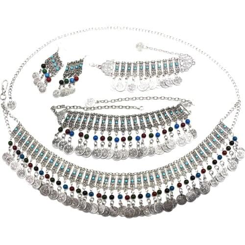 Gypsy Turkish India Choker Necklace Coins Tassel Drop Earrings Bracelet Waist Belly Chains Statement Boho Afghan Jewelry