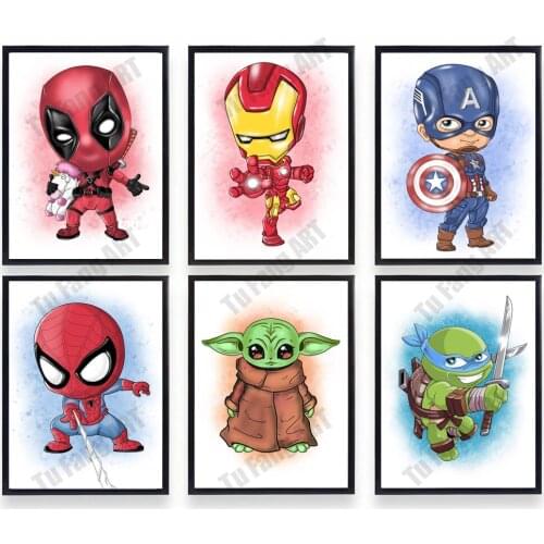 Marvel Avengers Cartoon Posters Superhero Spiderman Yoda Canvas Painting Prints Wall Art Print Picture Kids Room Decor Gift