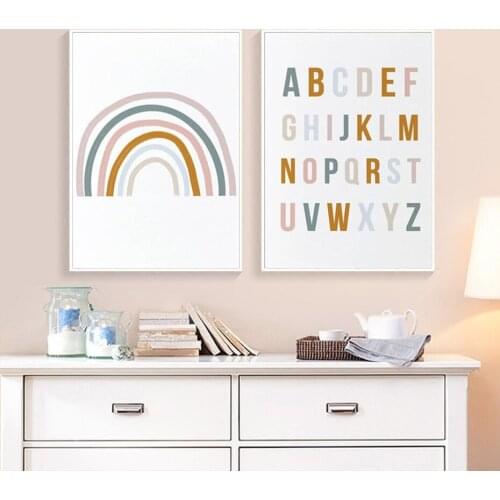 Rainbow Nursery Decor ABC Alphabet Poster Wall Art Canvas Painting Print Pictures New Baby Girls Gift Kids Room Home Decor