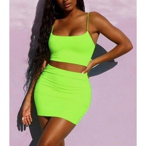 Straps Sexy Camis Skirt 2 Two Piece Set 2021 Summer Women Fashion Neon Green Orange Solid Party Streetwear