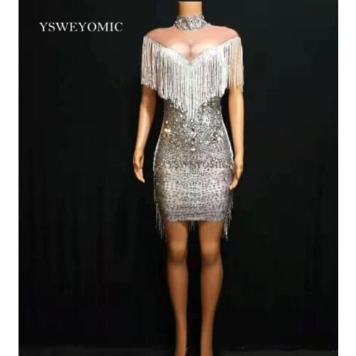 Grey Fashion Pearls Rhinestones Dress Evening Party Wear Long Sleeves Prom Nude Gray Dress Singer Birthday Celebrate Dresses