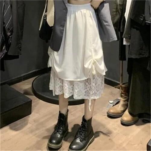 French Elegant Bow High Waist Lace Stitching Cake Skirt Female Student Korean Solid Color A-Line Skirt Women White Long Skirt