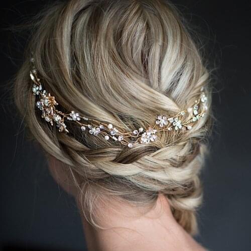 12pcs/lot Pearl Floral Hair Vine Bridal Headband Satin Ribbon Wedding Crown Women Fashion Accessories