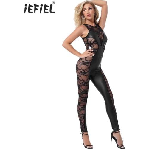 Womens Jumpsuit Lingerie Round Neck Sleeveless Leotard Catsuit See-through Embroidered Lace Patchwork Patent Leather Bodysuit