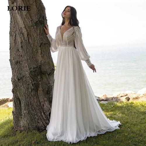 LORIE Chiffon A Line Wedding Dresses 2021 Puff Sleeve Lace V Neck Bridal Gown Vestido De Novia Wedding Party Gown Custom Made
