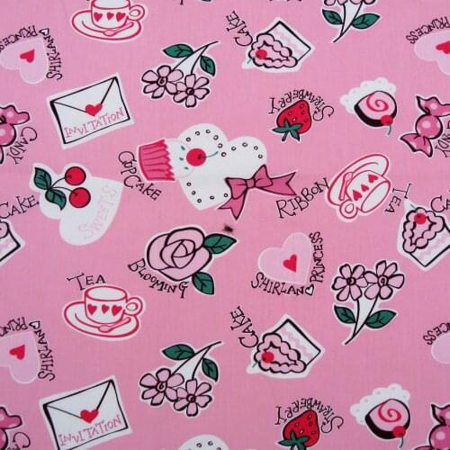 1 yard Cotton Fabric for sewing pathwork, dress, cloth, bedding - heart, flower, stratberry, bow and tea (width=140cm)