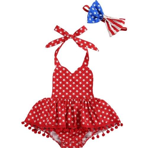 2 Pcs Newborn Independence Day Outfits Baby Girl Clothes Sleeveless Tie Up Pentagram Print Halter Romper + Bowknot Headband
