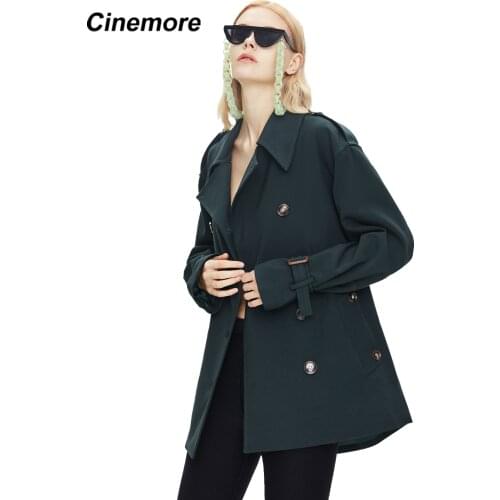 CINEMORE 2021 Short Trench Coat Spring Autumn Classic Double Breasted Belt Lapel Fashion Business Women Outerwear Top 82019