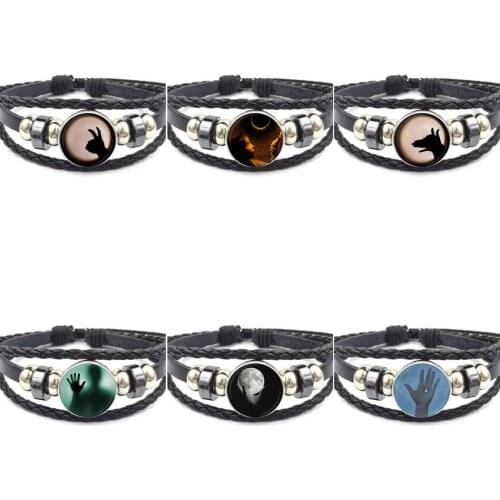 EJ Glaze Moon Hand Shadow For Christmas Gift Vintage Jewelry With Glass Cabochon Black Leather Bracelet Bangle