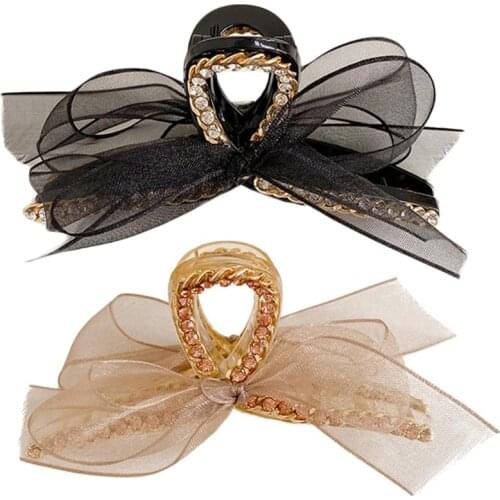 Non-Slip Crystal Hair Claws Elegant Rhinestone Catch Barrette Lace Bow Strong Hold Hair Jaw Clip for Summer Beach