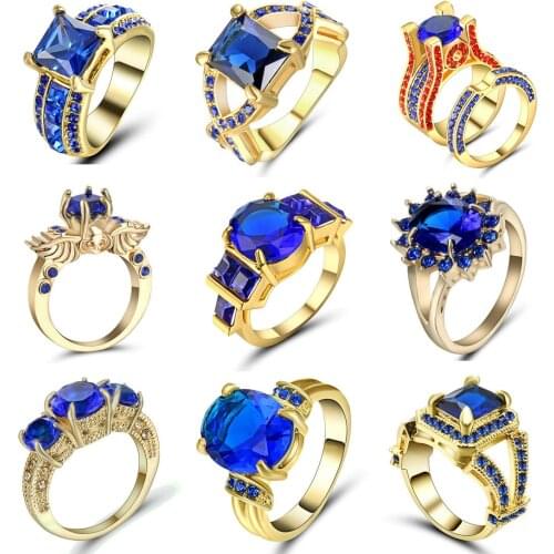 Hot Ring Fashion Black Gold Colour Jewelry Vintage blue CZ crystal engagement Rings For men Birthday Stone rings jewelry Size 7