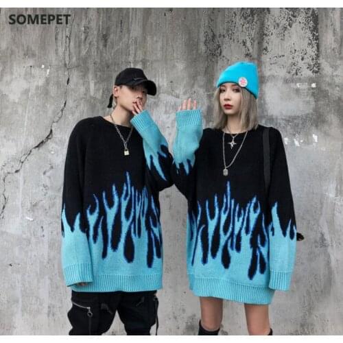 Korean loose knitted flame men and women hip hop streetwear o-neck pullover sweater
