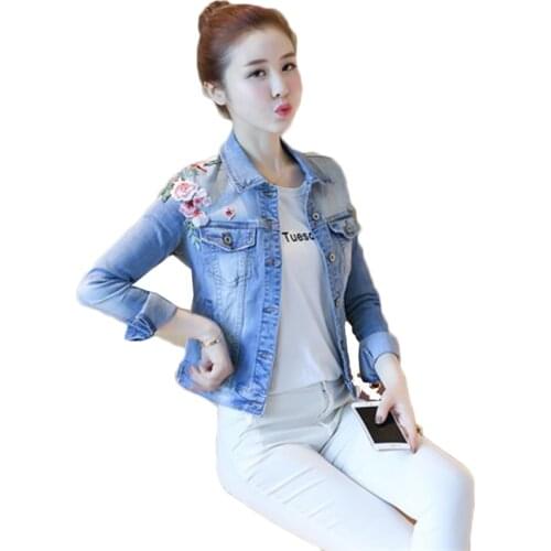 100% High Quality Fashion Flora Printed Denim Jacket Women Short Jeans Overcoat 2019 New Autumn Casual Chic casaco feminino