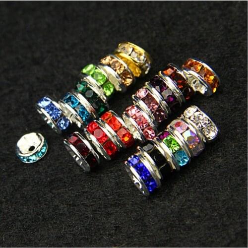 DIY 50pcs 6MM Metal Silver Plated Crystal Rhinestone Rondelle Spacer Beads 13 Colors