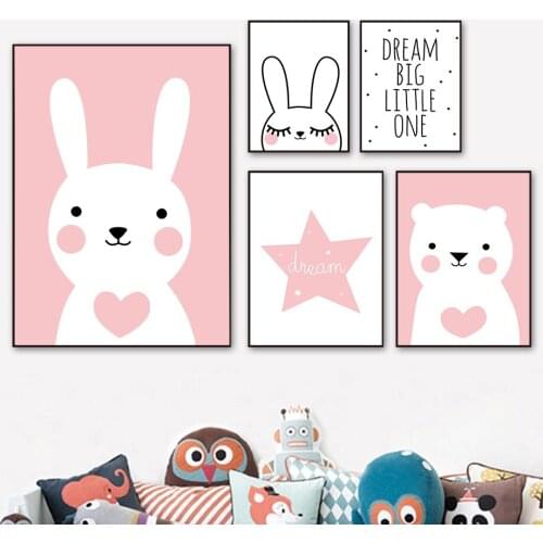 Cartoon Rabbit Star Polar Bear Dream Quote Wall Art Canvas Painting Nordic Posters And Prints Wall Pictures Baby Kids Room Decor