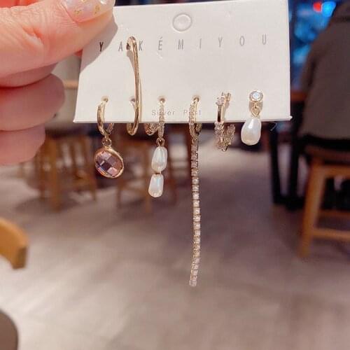 Mixed Styles Trend Hanging Dangle Earrings Set Gold Color Pink Crystal Simulated Pearl Earrings Women Jewelry