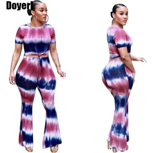 2020 New Summer 2 Piece Set Women Tie Dye Flare Pants Set Short Sleeve Crop Top and Wide Leg Pants Women Tracksuit Leisure Suit