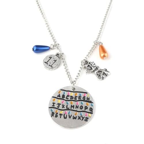 Stranger Things Charm Necklace with light bulb beads Handstamped Alphabet Light Wall Pendant women men jewelry