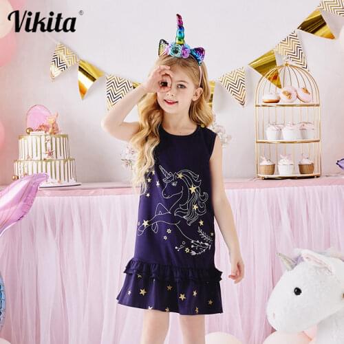 VIKITA Children Summer Clothing Kids Princess Dresses for Girls Causal Wear Sleeveless Cotton Dress Girls Unicorn Vestidos