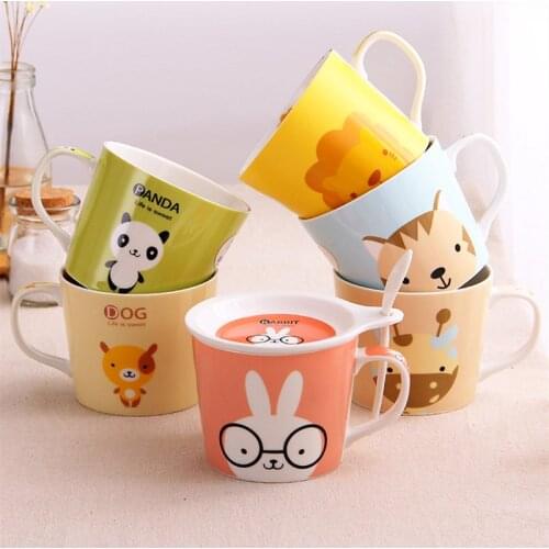 Lovely Cartoon Ceramic Breakfast Milk Cup Noodles Oatmeal Bowl 500ml Big Volume with Saucer Spoon Coffee Mug