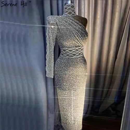 One Shoulder Luxury Silver Slim Mermaid Formal Dress 2020 Long Sleeves Beading Sequined Sexy Evening dress Serene Hill BLA70388