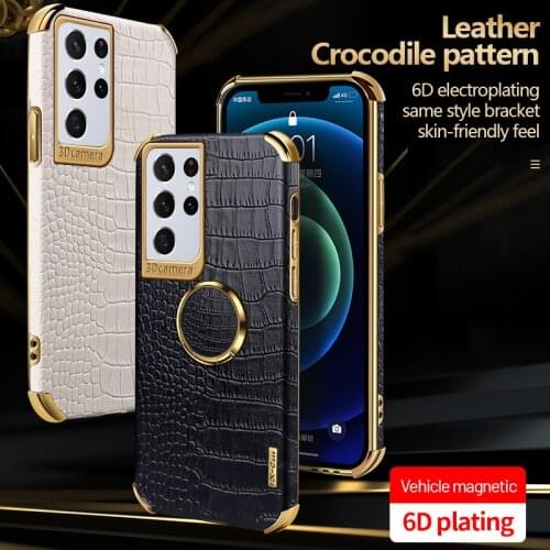 Luxury Ring Holder Leather Phone Case For Samsung Galaxy S21 S20 FE S10 Note 20 10 Plus A21 Plating Metal Magnetic Bracket Cover