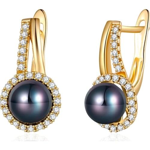 New Fashion Black Pearl Stud Earrings for Women Gold Color Plated CZ Zirconia Ear Studs Wedding Party Jewelry Girls Charm Gifts