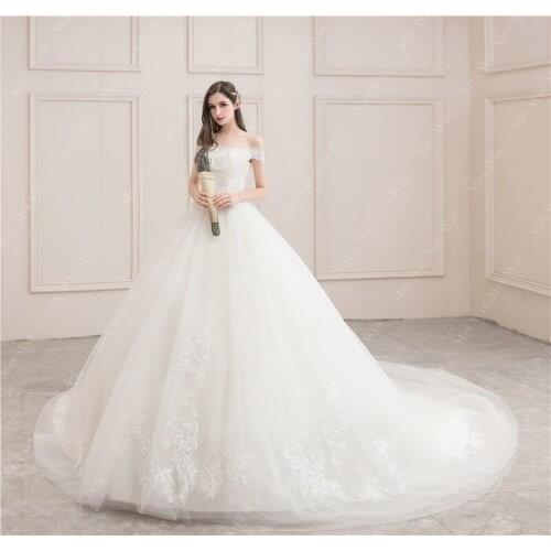 Wedding Dress 2021 New Elegant Boat Neck Sweep Train Brida Gown Lace Up Ball Gown Off The Shoulder Luxury Vestido De Noiva