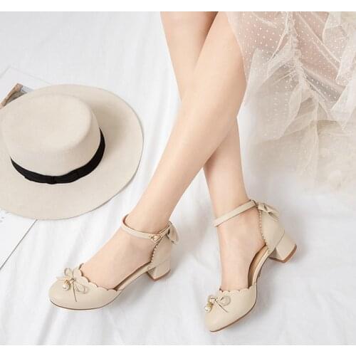 Lolita shoes round head bow sweet student thick with hollow toe cap sandals spring summer loli high heels buckle