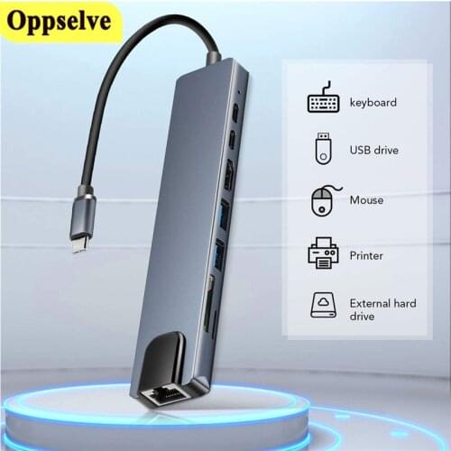 8-in-1 USB C Hub Type-C 3.0 to 4K HDMI-Compatible RJ45 USB SD TF Card Reader PD Fast Charging Adapter for MacBook Air Pro PC HUB