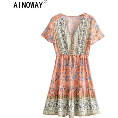 Vintage Chic women floral print deep V-neck single breasted sashes Bohemian mini dress ladies short sleeve Boho dresses vestidos