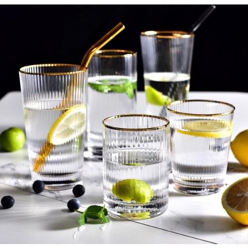 Japanese Gold Edge Glass Cup Vertical Striped Beer Coffee Glass Mug Transparent Juice Milk Water Glass Cup Creative Gift L