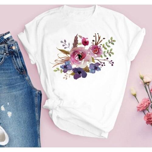 Women Graphic Flower Floral Elegant Beach Cute 90s Style Vintage Print Tops Lady Tees Clothing Female T Shirt Womens