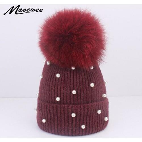 Female Unisex Hat Fox Fur Pompon Pearl Wool Beanies Winter Warm Solid Crochet Knitted Hat With Pearl Nature Raccoon Pom Pom Hats