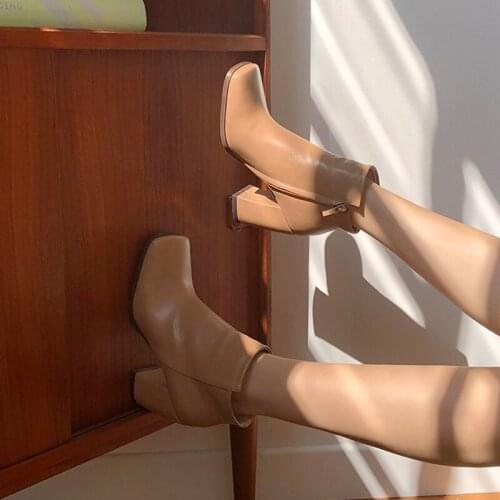 Black Khaki Square Head Thick Heel Short Boots Women 2020 Winter Leather Fashion Womens Shoes Size 33-42