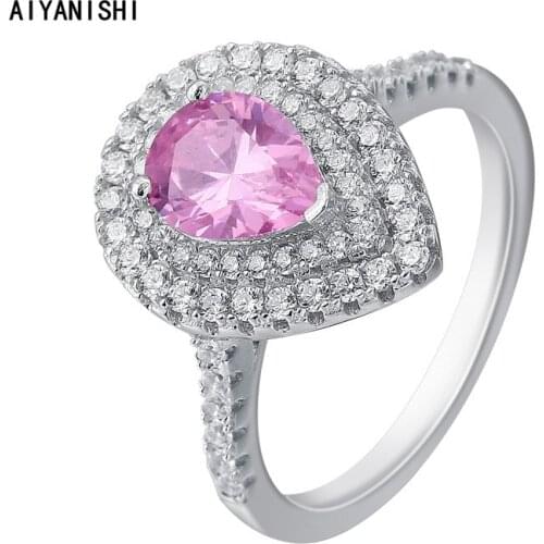 AIYANISHI Trendy Silver Rings For Women 925 Silver Bridal Wedding Double Halo Pink Sona Diamond Engagement Ring Bijoux Femme