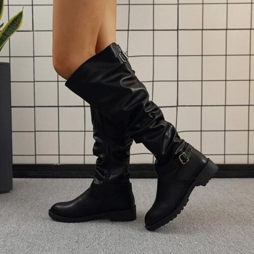 Fashion Women Long Boots Mid-Tube Belt Buckle Round Toe Low-Heel Side Zipper Square Botines Mujer Fashion High Boots #40