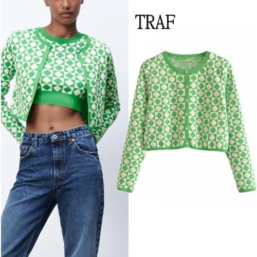 TRAF Za Cardigan Women Jacket 2021 Vintage Print Lingge Green Sweater Women Long Sleeve Loose Knitted Crop Sweater Autumn Coat