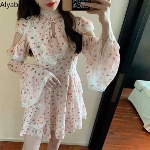 Korean Chic Summer Women Mini Feminine Dress Stand Collar Floral Printed Slim Vestidos Off Shoulder Elegant Ruffles Party Dress