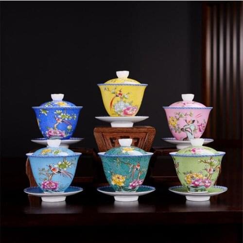 160ML Jingdezhen Ceramics Embroider Gaiwan Exquisite Enamel Color Handmade Tea Bowl Hand Painted Flower Bird Teaset Drinkware