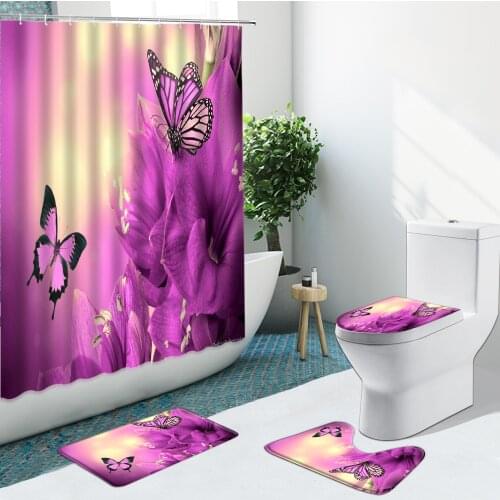 4Pcs Purple Flower Butterfly Shower Curtain Pink Rose Sunflower Bird Bathroom Set Non-Slip Rug Toilet Cover Bath Mat Carpet Pad