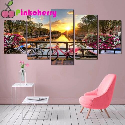 5d diy diamond painting Romantic Sunshine bicycle mosaic cross stitch 5 Piece 3d embroidery diamond round square stones k1140