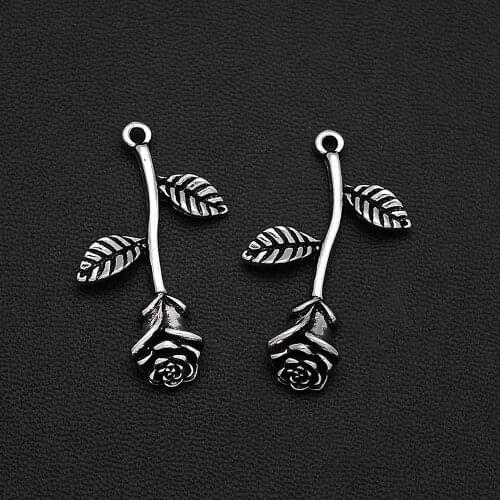 6pcs/Lots 21x34mm Antique Silver Plated 3D Rose Charms Flower Pendants For DIY Necklace Jewellery Crafts Wholesale Drop Ship