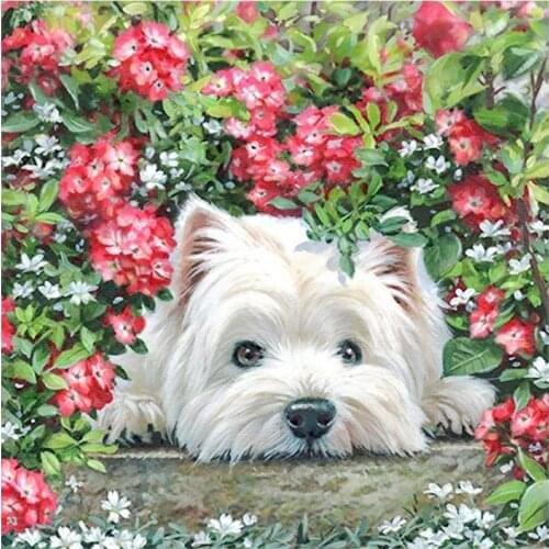 White Puppy Among Flowers Diamond Painting Round Full Drill Nouveaute DIY Mosaic Embroidery Cross Stitch Cartoon Animal Pattern